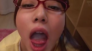 Flirty Asian teen in glasses gets cum in her mouth monitor hulking a blowjob in pov